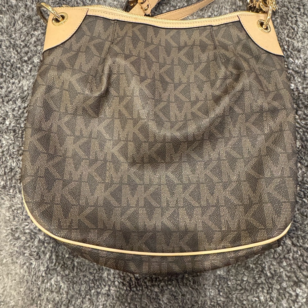 Michael Kors Brown and Tan Shoulder Bag with Monogram Print - Picture 6 of 9